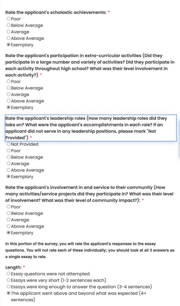 The first page of a scholarship evaluation form asks scholarship review committee members to rank applicants from low to high using Poor, below average, average, above average, and exemplary as score option for a series of questions.
