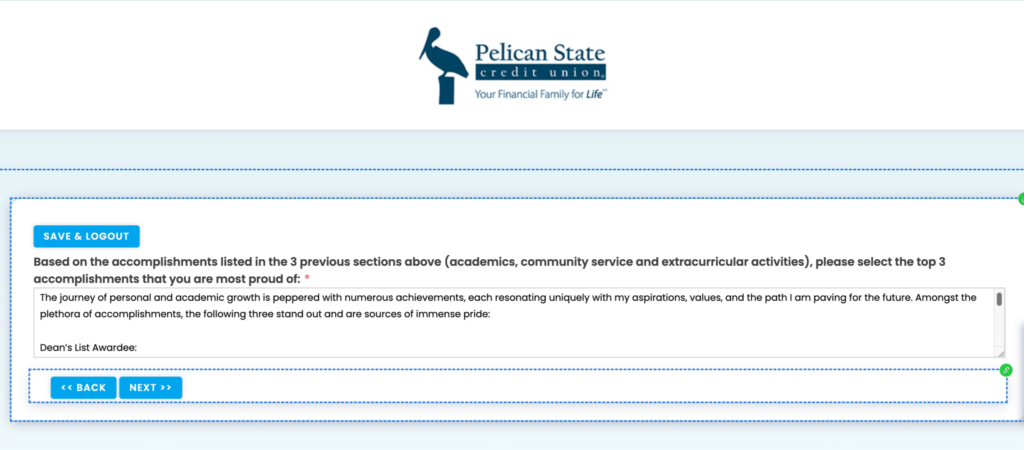 Page 7 of the scholarship application form asks applicants to list what accomplishments they are most proud of and why