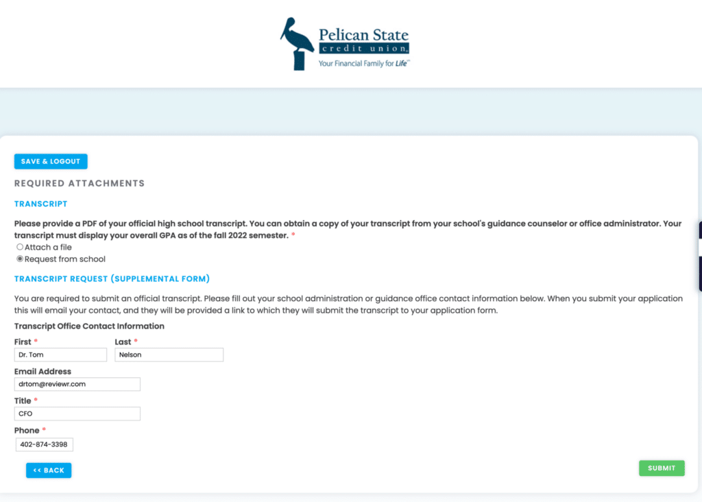 Page 9 of the scholarship application form asks applicants to upload a transcript or request directly from the transcript office.